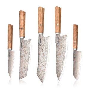 5-teiliges VG10-Damastmesser-Set mit Olivenholzgriffen