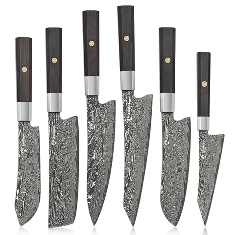 Damastmesser-Set 6-teilig mit Holzgriffen